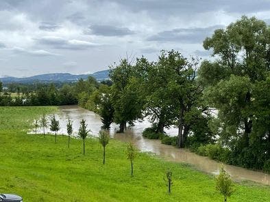 Bei Sins überflutet die Reuss die Landschaft. 