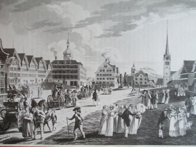 Illustration from 1800: The very lively village square is dominated by the Ochsen Kurpalast, which was built in 1796 and has a striking dome tower.