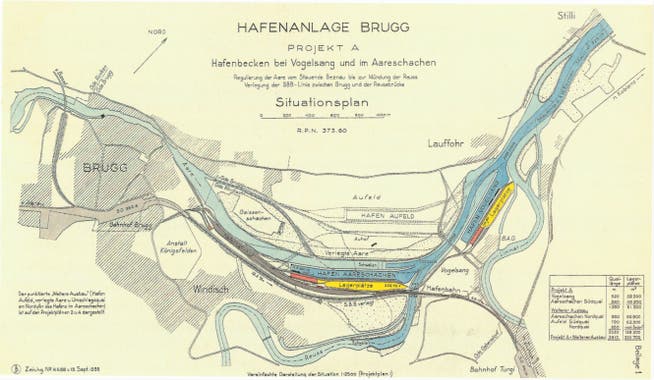 Projekt von Ingenieur Oskar Bosshardt, Basel, September 1935. Dieses sah zwei Hafenbecken in Vogelsang und im Windischer Schachen vor. Eine Erweiterungsmöglichkeit bestand im Aufeld.