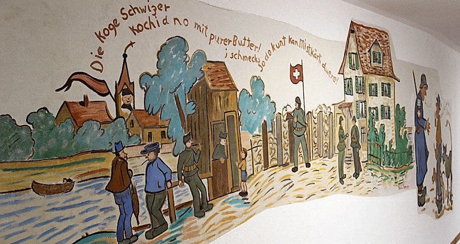 Die Sujets stammen aus der Zeit des Zweiten Weltkriegs; links ist Gaissau zu sehen. Dieses schöne Wandbild be­findet sich im Pflegewohnheim Thal-Rheineck in Thal.