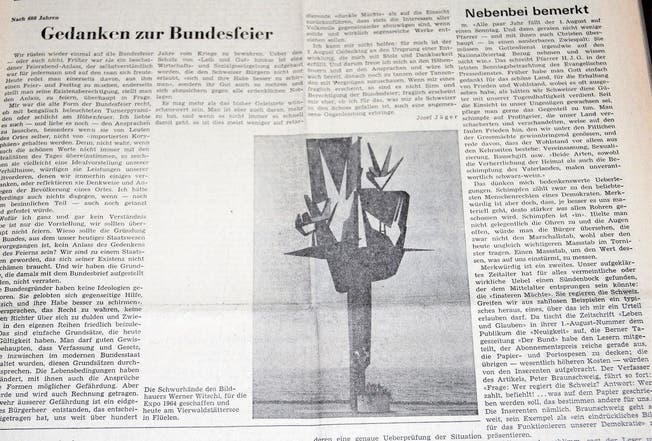 Auf der «Rheintaler»-Titelseite erschienen vor 50 Jahren unspektakulär betitelte «Gedanken zur Bundesfeier». Daneben war die Kolumne «Nebenbei bemerkt» platziert, mit der sich der damalige Redaktionsverantwortliche Hans Müller einen Namen gemacht hat.