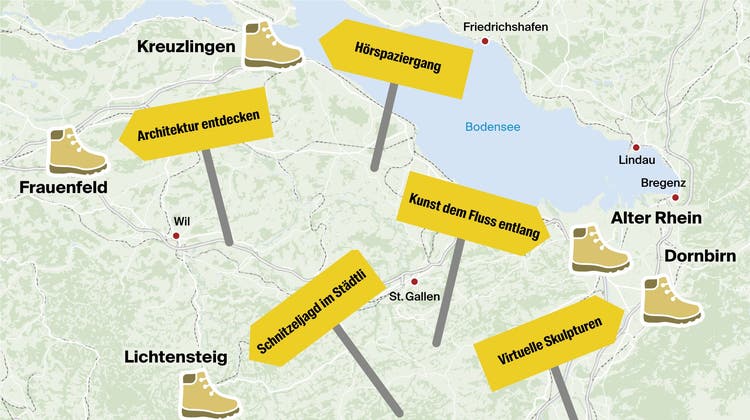Von Frauenfeld bis Dornbirn: Fünf sommerliche Kulturspaziergänge laden zu Entdeckungsreisen ein. (Infografik: Stefan Bogner)