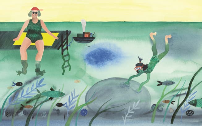 Einblick in das Buch von Malin Widén: Das Mädchen und seine Oma amüsieren sich am Meer.