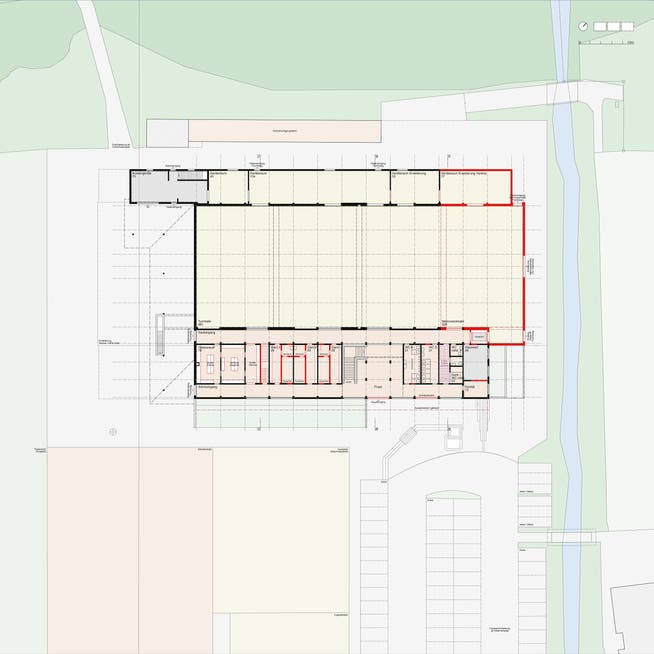 Grundrissplan: So könnte die Erweiterung der Dossenhalle in Richtung Schulhausareal aussehen.