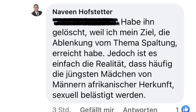 Die Erklärung von Naveen Hofstetter, warum er eine Passage seines ersten Facebook-Beitrags gelöscht habe.