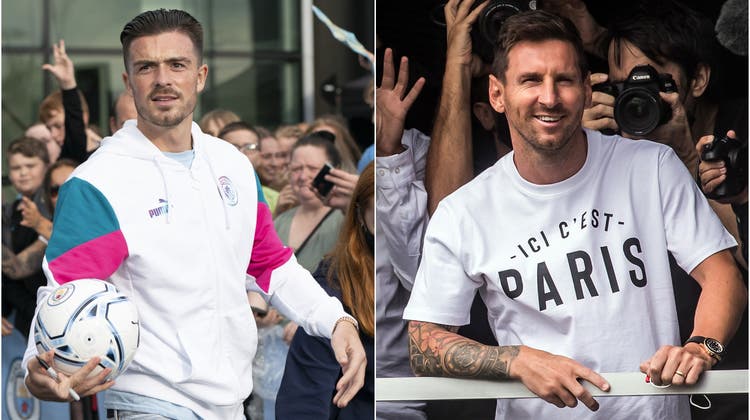 Rekordtransfer Jack Grealish (links) und Paris' neuer Hoffnungsträger Lionel Messi. (AP/EPA)