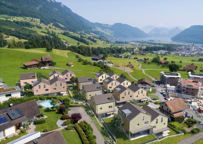 Die Visualisierung zeigt die Häuser, die im Gebiet Grueben, Alpnach Dorf gebaut werden.