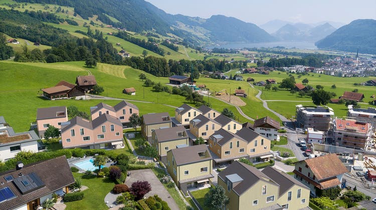 Die Visualisierung zeigt die Häuser, die im Gebiet Grueben, Alpnach Dorf gebaut werden. (Bild: PD)