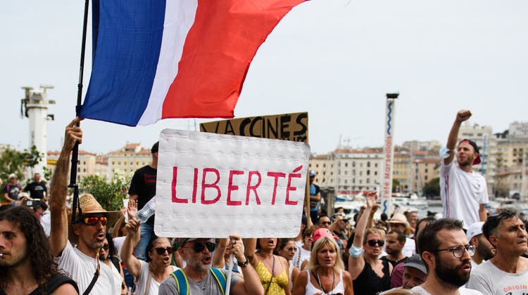 Freiheit auf dem Schuld eines Demonstranten in Paris: In Frankreich haben Anti-Impfzwang-Proteste immer stärkeren Zulauf. (Clement Mahoudeau / AFP)