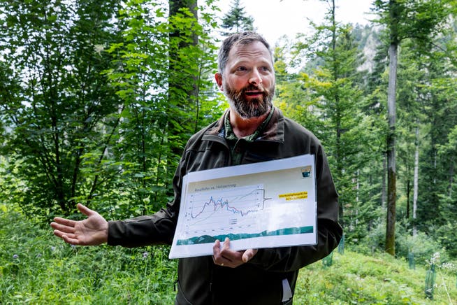 Simon Czendlik, Leiter Forstrevier Frenkentäler, erklärt oberhalb von Waldenburg, wie die CO2-Zertifikate funktionieren.