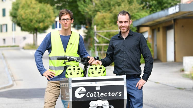 Die beiden Geschäftsführer Tobias Vega und Matthias Tschopp vom Velohausliefer­dienst Collectors Olten beim Start vor drei Jahren. (Bruno Kissling)