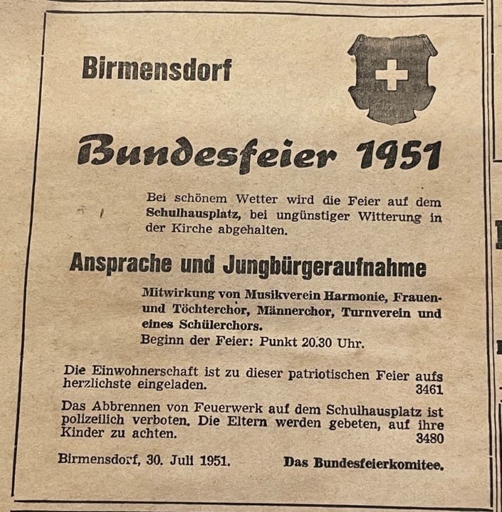 Werbung für die Bundesfeier 1951 in Birmensdorf... 