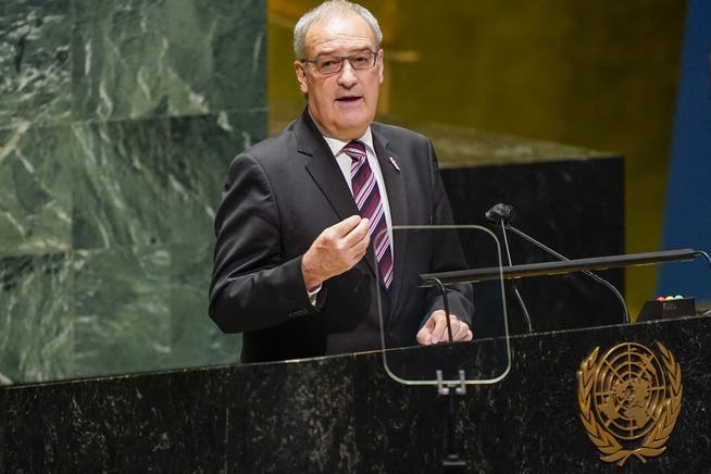 Der Schweizer Bundespräsident Guy Parmelin während seiner Rede an der jährlichen Generaldebatte der UNO in New York.