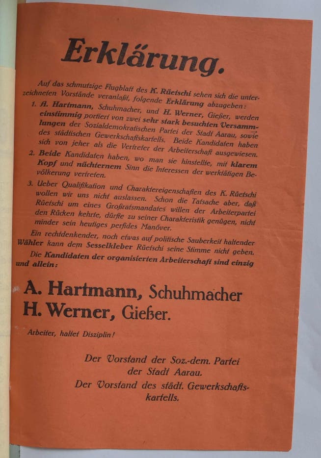Ein Flyer aus dem Wahlkampf für den Aarauer Stadtrat 1921.