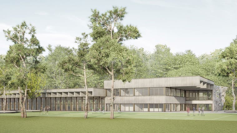 So soll das neue Schulhaus Allmend, dessen Eröffnung im Sommer 2024 geplant ist, dereinst aussehen. (Visualisierung: Stoos Architekten)
