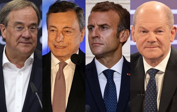 Haben eine grosse Lücke zu füllen: CDU-Kanzlerkandidat Armin Laschet, der italienische Ministerpräsident Mario Draghi, der französische Präsident Emmanuel Macron und SPD-Kanzleranwärter Olaf Scholz (v.l.) 