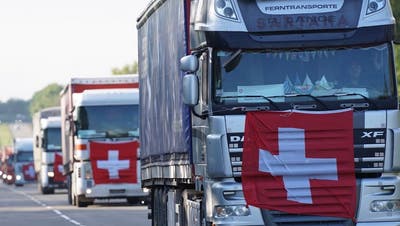 Trucks mit Fahne: Ein Hilfskonvoi mit Gütern aus der Schweiz in der Ukraine. (EDA/Twitter)