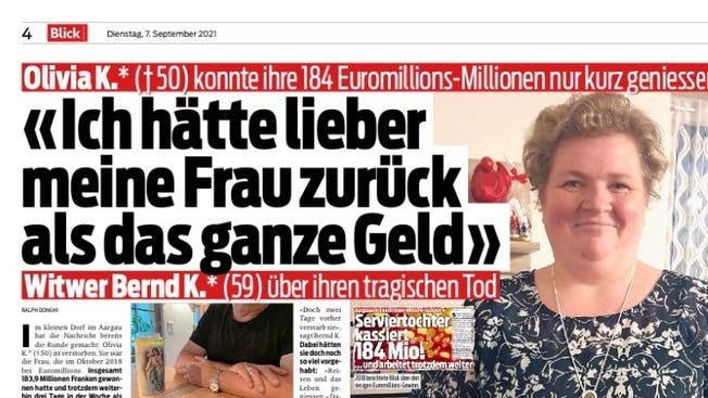 Über den frühen Tod der Aargauer Lotto-Millionärin berichtet am Dienstag der «Blick». 