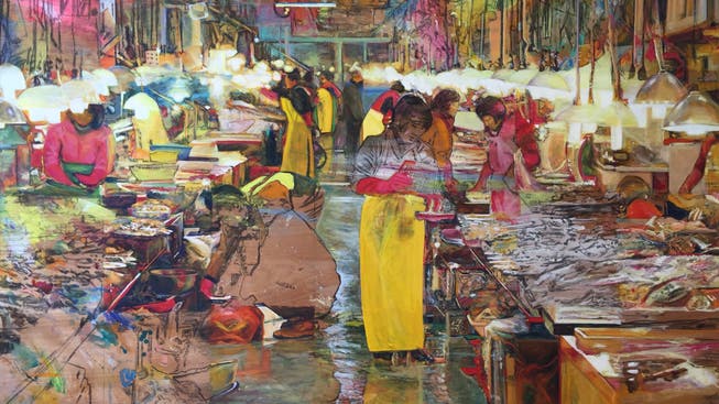 Dieses farbenprächtige Bild zeigt einen Fischmarkt in Asien und ist derzeit in der Ausstellung in der «Fondation Fernet Branca» zu sehenn