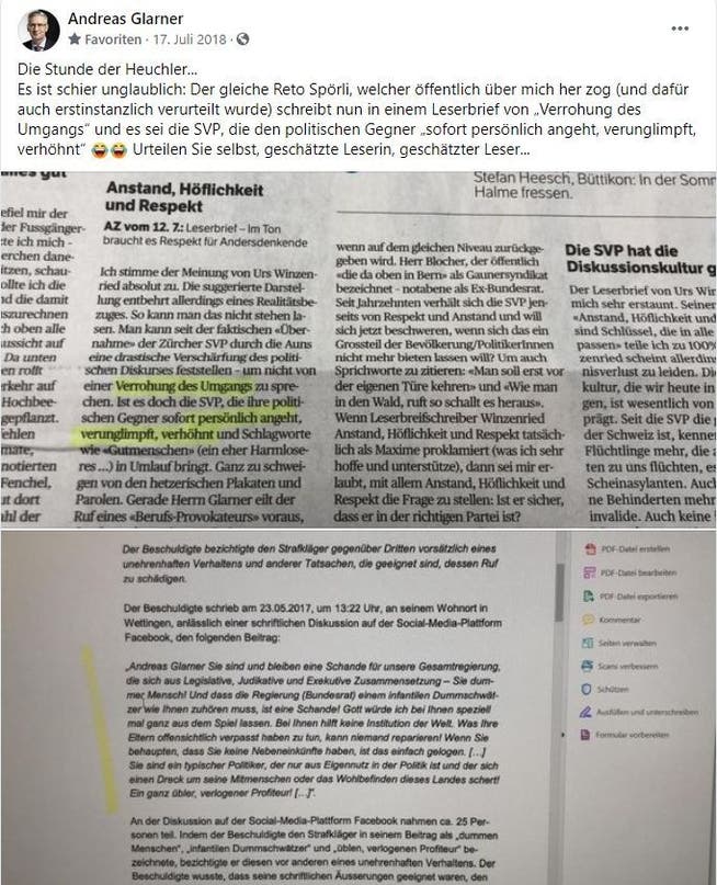 Wegen diesem Facebook-Post im Sommer 2018 wurde SVP-Nationalrat Andreas Glarner nun per Strafbefehl verurteilt.