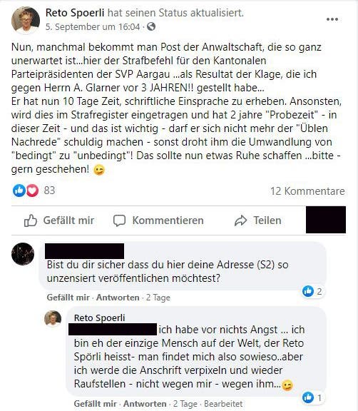 Reto Spörli hatte den nicht rechtskräftigen Strafbefehl gegen Andreas Glarner auf Facebook gepostet und später wieder gelöscht.
