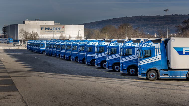 Lastwagen auf dem Fahrzeugpark der F. Murpf AG in Hägendorf am Neujahrstag 2022. Links die T5. (Patrick Lüthy)