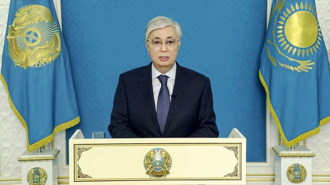 Kasachstans Staatsoberhaupt Kassym-Jomart Tokajew während einer Ansprache. 