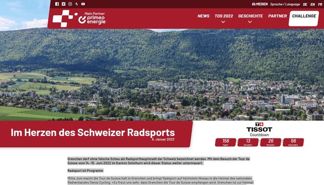 So kündigt die Tour de Suisse den Etappenort Grenchen auf ihrer Website an.
