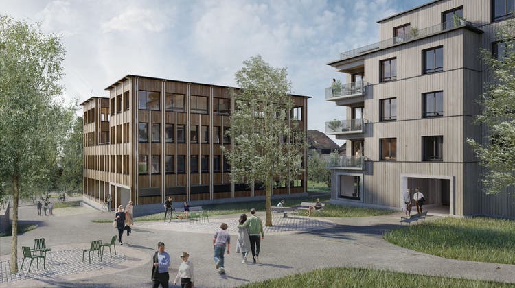 Das Gebäude links zeigt das neue Gemeindehaus, das Gebäude rechts das Wohnhaus. Das Siegerprojekt stammt von den Röck Baggenstos Architekten AG aus Baar. (Visualisierung: PD/Dunedin Arts, Zürich)