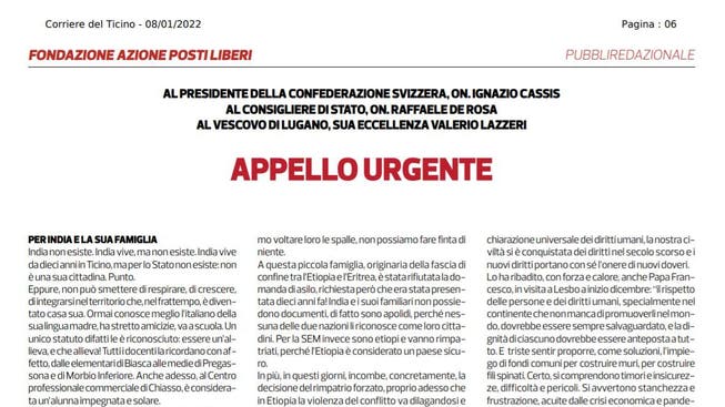 Der «Dringende Appell» im «Corriere del Ticino». Darin wird gefordert, ein vor zehn Jahren gestelltes, nun abgelehntes Asylgesuch neu zu beurteilen.