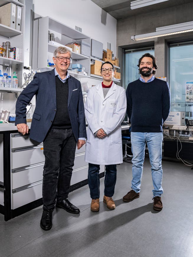 Das Forschungsteam am PSI: Gebhard Schertler, Leiter des Bereichs für Biologie und Chemie, mit seinen Mitarbeitenden Diane Barret und Jacopo Marino (von links).