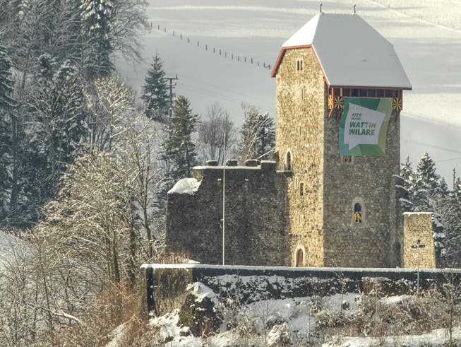 Auffällig grüsst der 6x6 Meter grosse Banner an der Fassade der Burg Iberg.