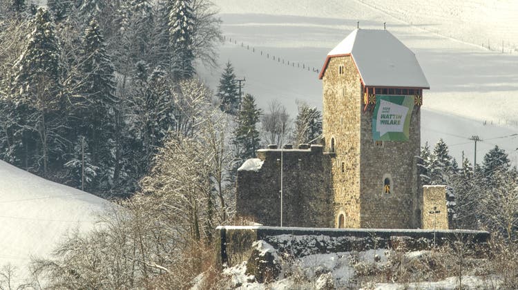 Auffällig grüsst der 6x6 Meter grosse Banner an der Fassade der Burg Iberg. (Bild: PD)