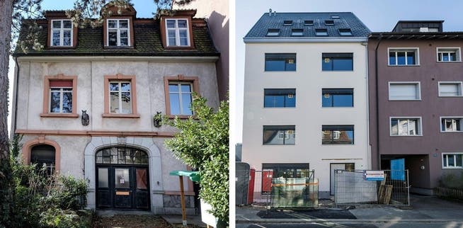 Vorher und nachher: Das abgerissene Rosskopf-Haus aus dem Jahr 1904 (links) und der Neubau aus dem Jahr 2021 (rechts).
