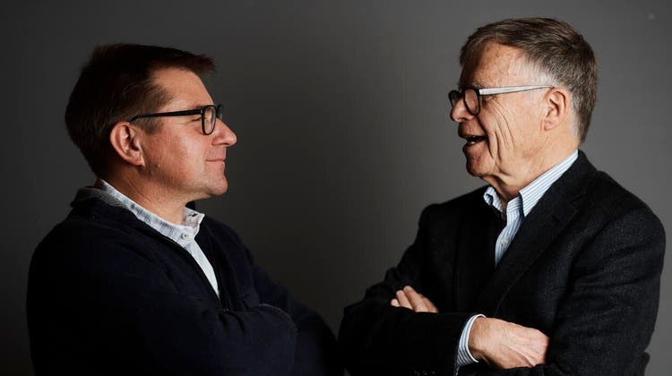 Im Rededuell: Ex-SVP-Chef Toni Brunner (links) und Verleger Peter Wanner. (Bild: Samuel Trümpy für «Handelszeitung»)
