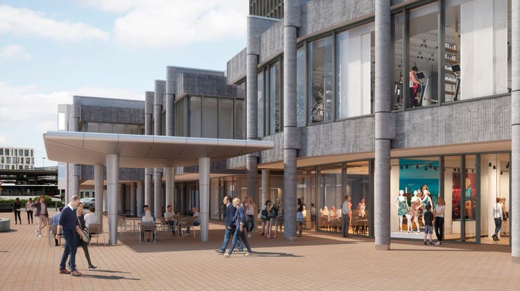 Die Visualisierung zeigt den Neumarkt 3 in Brugg mit dem umgebauten Hochbau, dem geplanten Pavillon-Ersatzneubau und dem «Kebap Werk». (zvg/Walker Architekten AG)