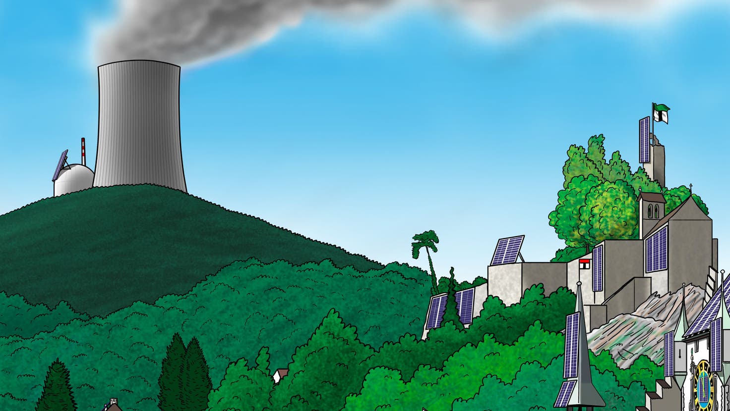 Ein grünes AKW auf der Baldegg in Baden, oder Solarzellen an jedem Haus? So sieht der AZ-Karikaturist die Debatte. (Silvan Wegmann)