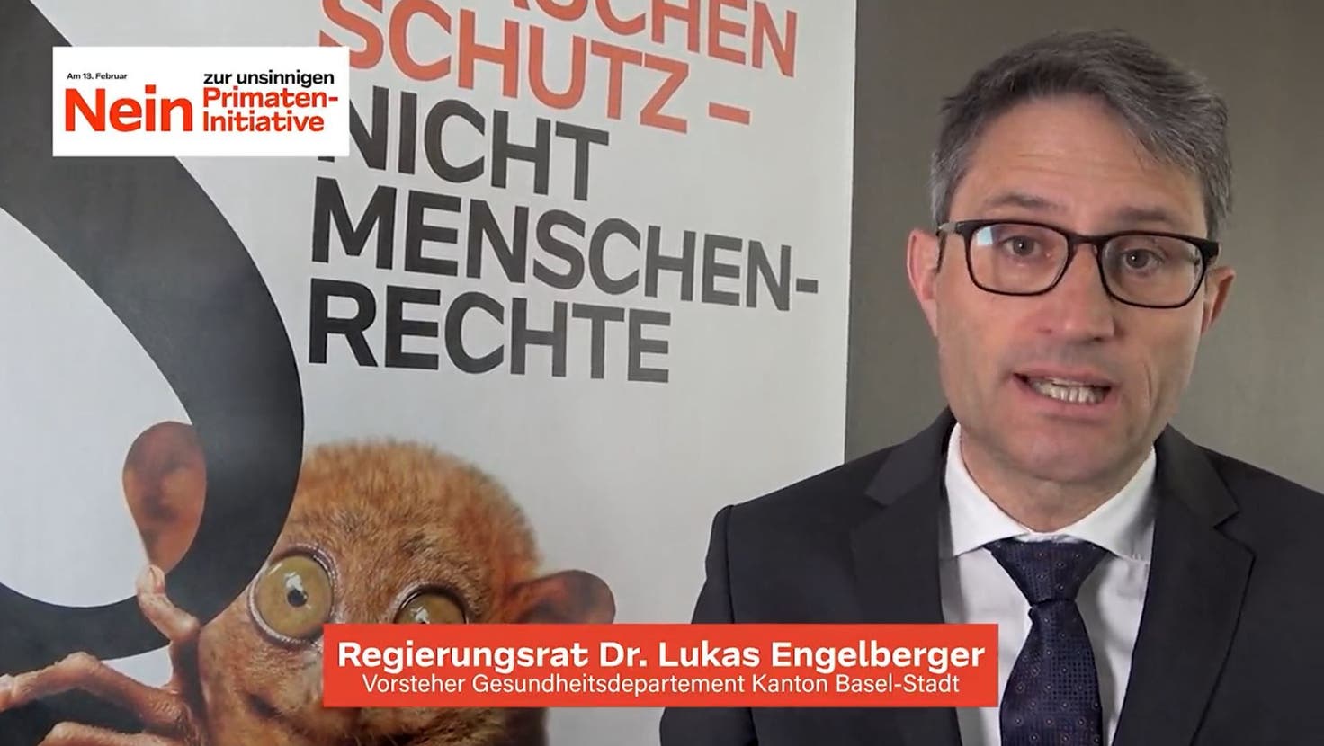 Lukas Engelberger wirbt in einem Video auf der Website des Nein-Komitees gegen dir Primaten-Initiative. (Screenshot)