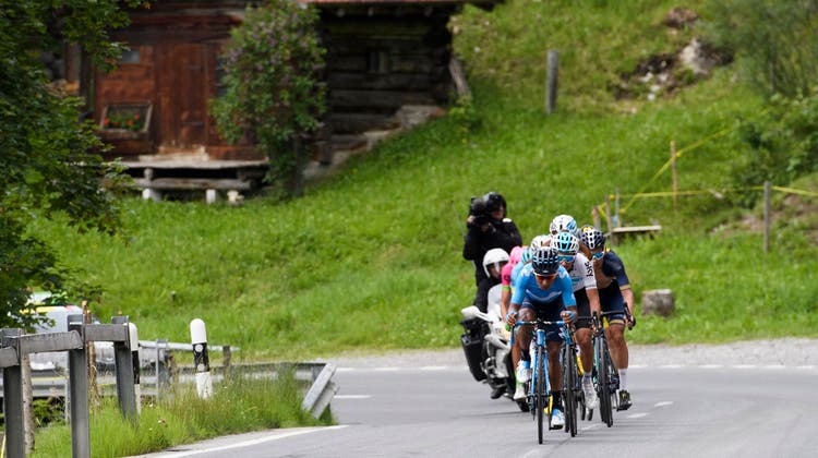 Die Rennfahrer der Tour de Suisse mit Nairo Quintana an der Spitze auf dem Weg nach Arosa. (Bild: Gian Ehrenzeller/KEYSTONE)