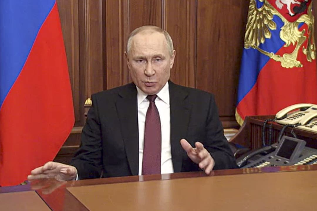 Wladimir Putin warnte in seiner Rede andere Länder vor einer Intervention: Jeder Versuch würde zu «nie dagewesenen Konsequenzen» führen (Screenshot eines Videos, das von der russischen Regierung veröffentlicht wurde).