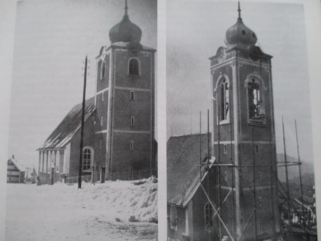 Ursprünglich überragte der Kirchturm von Wald kaum das Kirchenschiff (links). Vor 120 Jahren erfolgte deshalb eine Verlängerung um sechs Meter, um den Spöttereien ein Ende zu setzen.