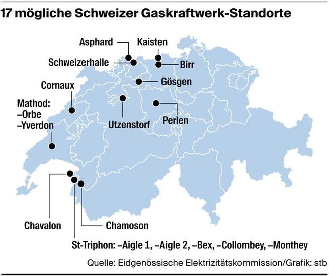Das sind die 17 möglichen Standorte, die der Bundesrat identifiziert hat. Drei davon sind im Aargau, darunter der Standort Birr.