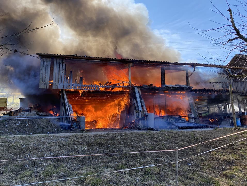 Böbikon, 14. März: Auf einem Bauernhof ist eine Scheune in Vollbrand geraten und komplett niedergebrannt. Weder Menschen noch Tiere sind zu Schaden gekommen.