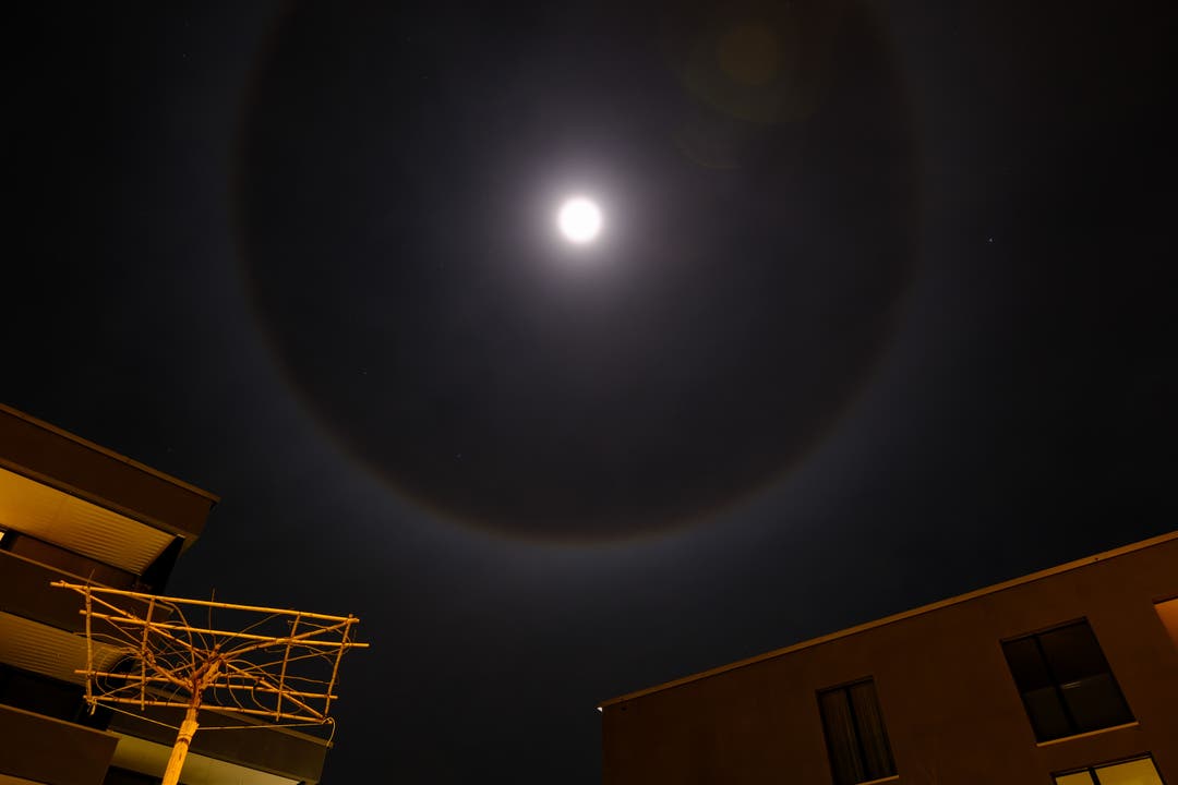 Bereits in der Nacht lag Saharastaub in der Luft und zauberte einen wunderschönen Halo um den Mond.