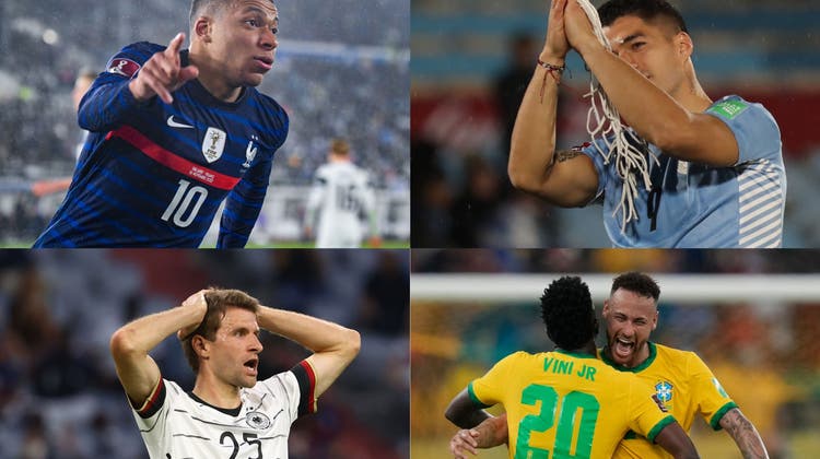 Killian Mbappé mit Frankreich, Neymar mit Brasilien, Thomas Müller mit Deutschland und Luis Suárez mit Uruguay fahren an die WM nach Katar. (Keystone)