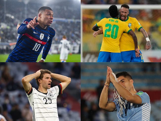 Killian Mbappé mit Frankreich, Neymar mit Brasilien, Thomas Müller mit Deutschland und Luis Suárez mit Uruguay fahren an die WM nach Katar.