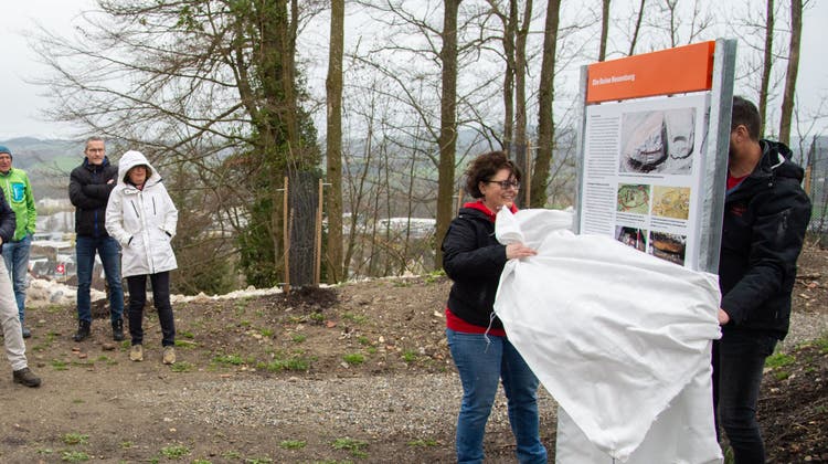 Archäologin Simone Benguerel enthüllt die besagte Tafel auf dem Burgstock. (Bild: Mario Testa (8. April 2022))