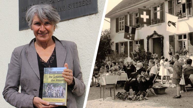 Journalistin Franziska Laur präsentiert ihr Buch vor dem «Haus des Schweizerbauern» an der Laurstrasse in Brugg. (Claudia Meier (6. April 2022))
