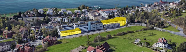 Die Klinik St. Anna in Luzern. Gelb eingezeichnet sind die geplanten neuen Gebäude: links der Erweiterungsbau G, rechts der Neubau.