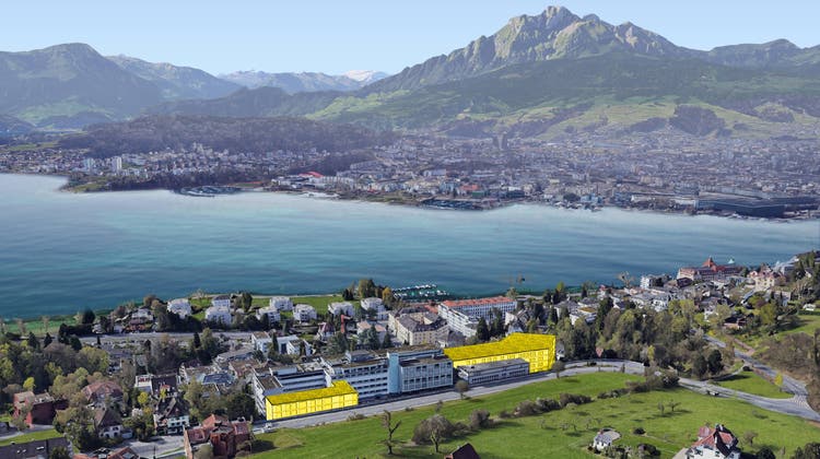 Die Klinik St. Anna in Luzern. Gelb eingezeichnet sind die geplanten neuen Gebäude: links der Erweiterungsbau G, rechts der Neubau. (Visualisierung: Copyright Google Earth)